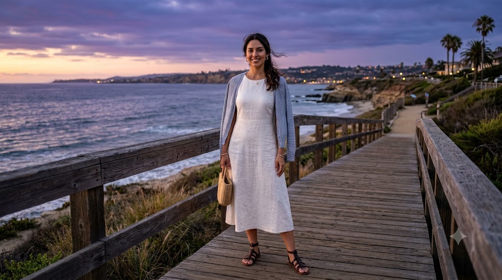 Striped Knit Cardigan Draped Over White Sundress